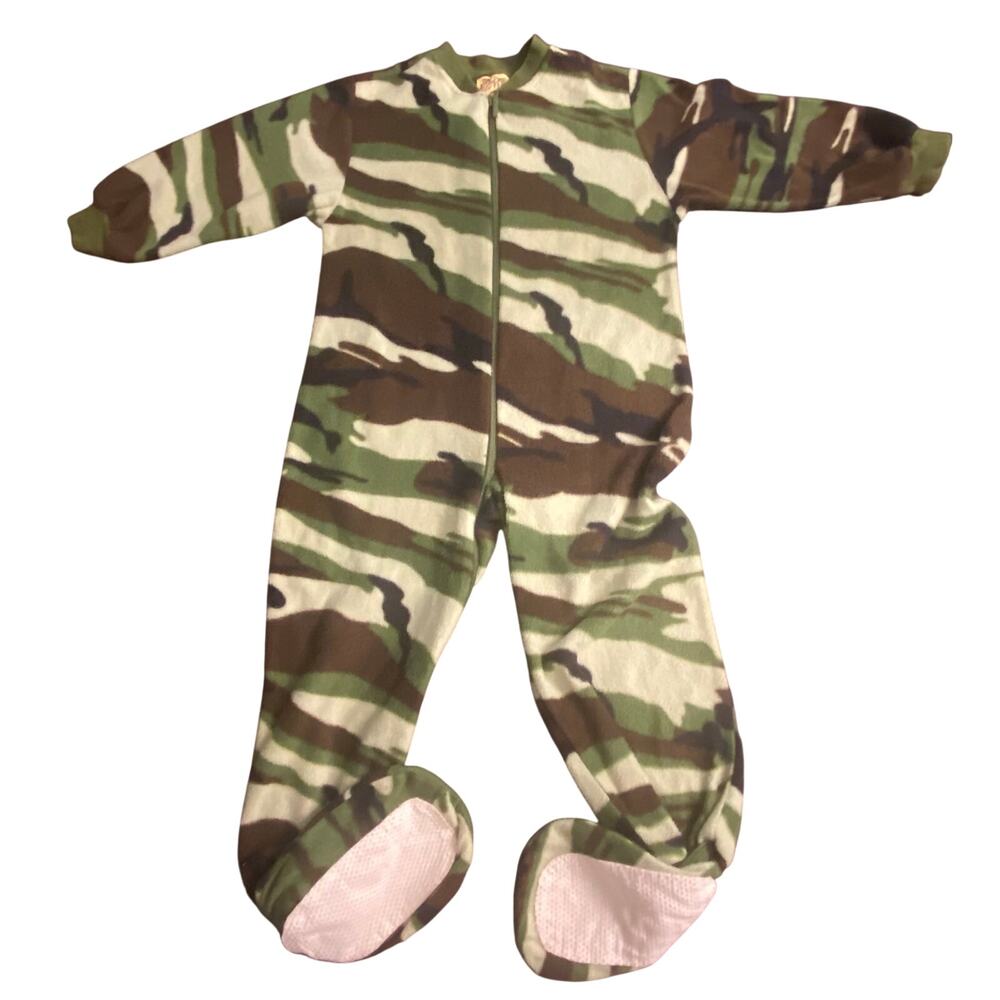Big Feet Kids XS 5/6 Green Camo Fleece Footed Pajamas Sleeper Military Hunting
